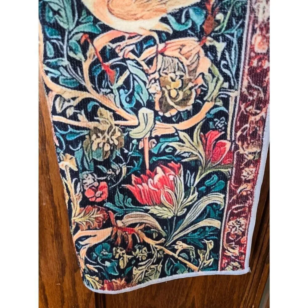 Floral Bird Tapestry Kitchen Towels Pair - Navy, Tan & Red